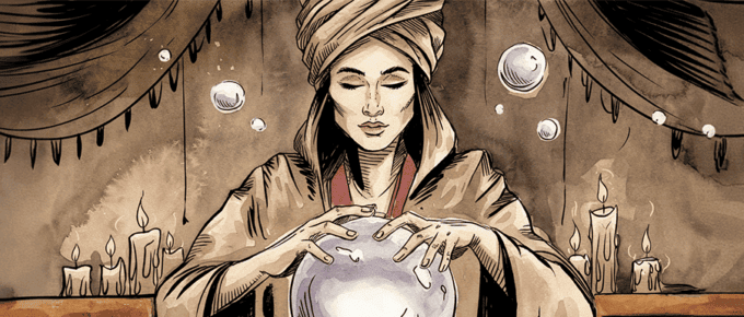 a fortune teller gazing into her crystal ball to see the future of marketing