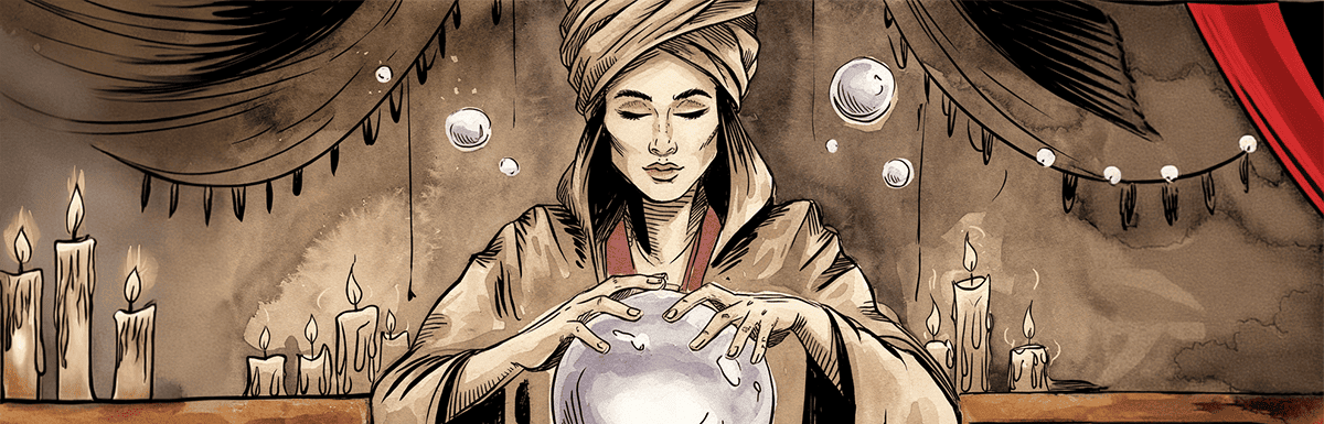 a fortune teller gazing into her crystal ball to see the future of marketing