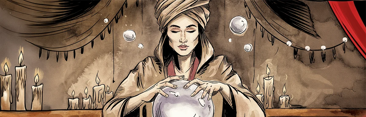a fortune teller gazing into her crystal ball to see the future of marketing