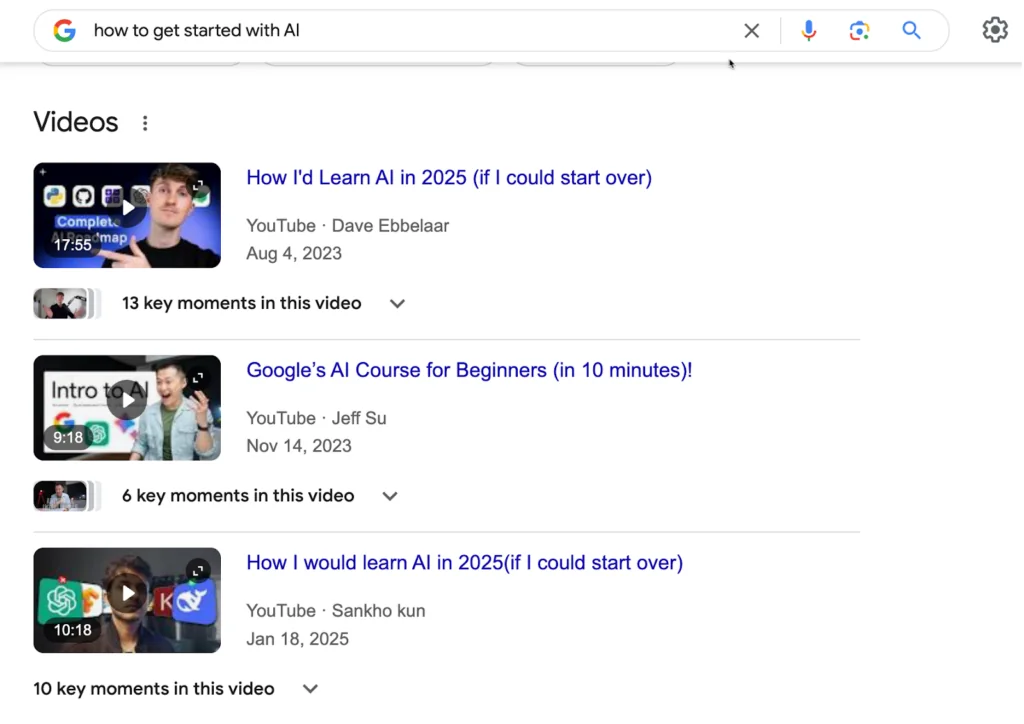 Screenshot of a Google SERP videos section, with three videos that answer the query.