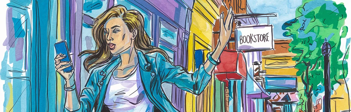 woman walks down the street doing a local search for a book store
