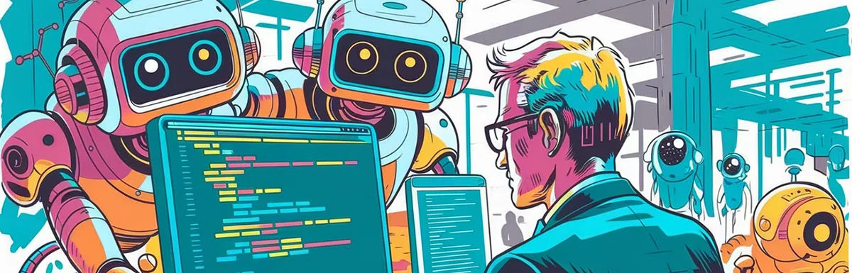 seo in the ai era: robots look on as a marketer optimizes his content