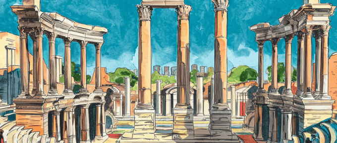 digital marketing strategies are based on three pillars that resonate with today's buyers. This concept is represented by an ancient Roman theatre with 3 columns in the background