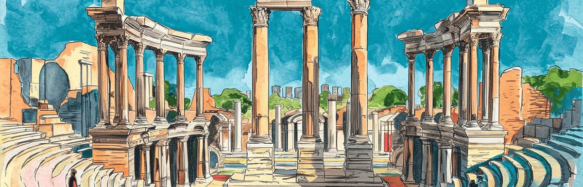 digital marketing strategies are based on three pillars that resonate with today's buyers. This concept is represented by an ancient Roman theatre with 3 columns in the background