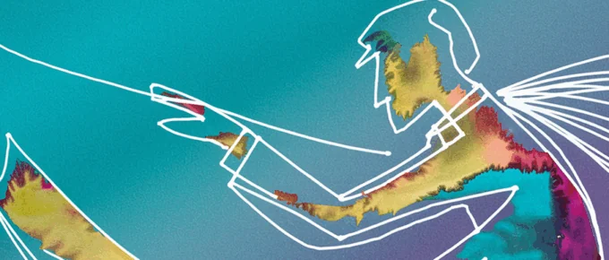 a colorful line drawing of a conductor, who represents embodied leadership