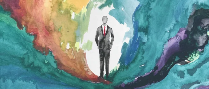 leadership impacts business growth, a concept rendered by a single figure standing calmly in the middle of a swirl of colors, representing the chaos of a growing business