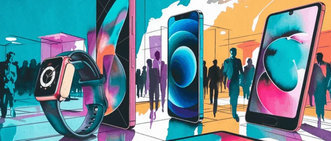 New offer, illustrated as giant products in a showroom, with people looking on to learn more.