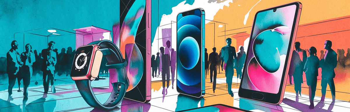 New offer, illustrated as giant products in a showroom, with people looking on to learn more.