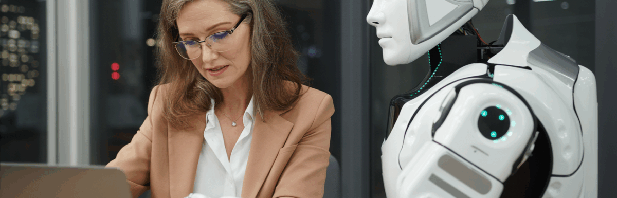 content creator working with a robot, representing ai writing tools