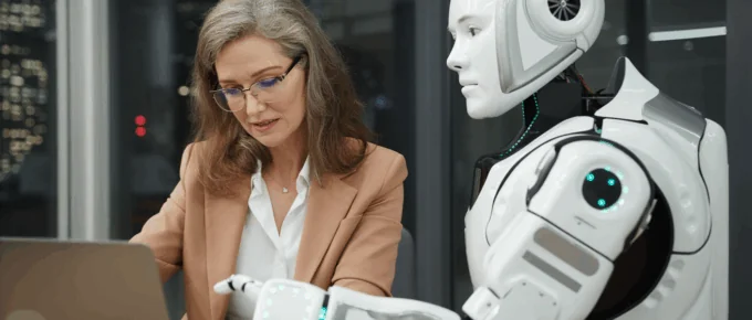 content creator working with a robot, representing ai writing tools