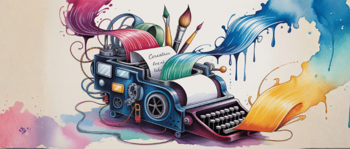 AI writing tools, represented by an artistic rendering of a writing machine