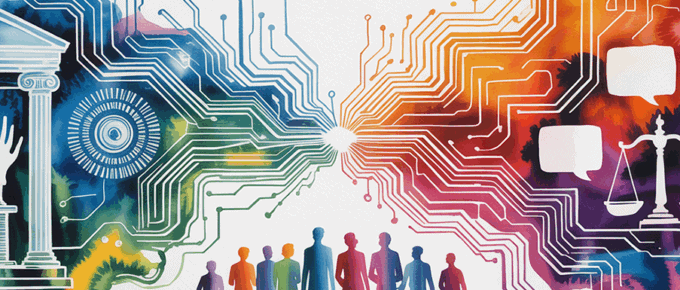 concept of Rewiring Democracy, AI's intersection with politics, government, and citizenship