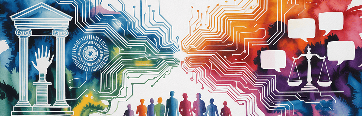 concept of Rewiring Democracy, AI's intersection with politics, government, and citizenship