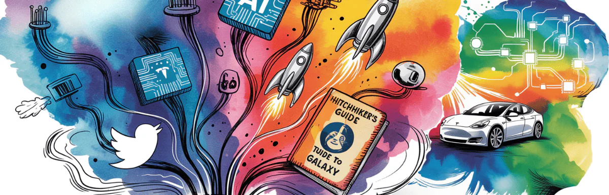 watercolor and ink of things associated with Elon Musk, including Twitter, rocketships, Tesla, and AI