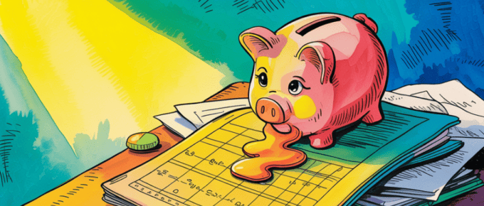 concept of get-rich-quick schemes, including a piggy bank bleeding on a ledger