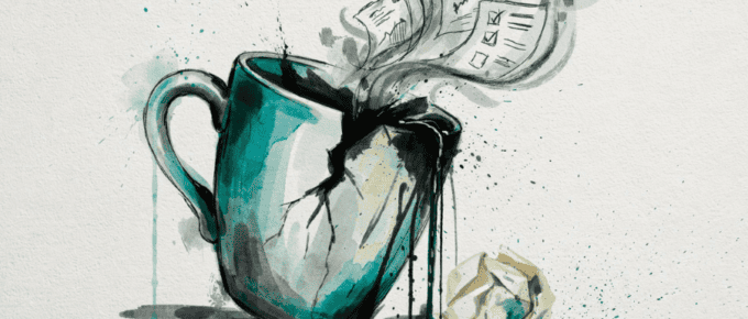 mind over grind concept showing a cracked coffee cup with the steam dissolving into to-do lists and memos.