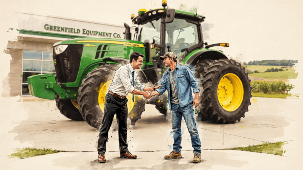 John Deere dealer closing a deal, shaking hands with his customer while standing in front of a tractor
