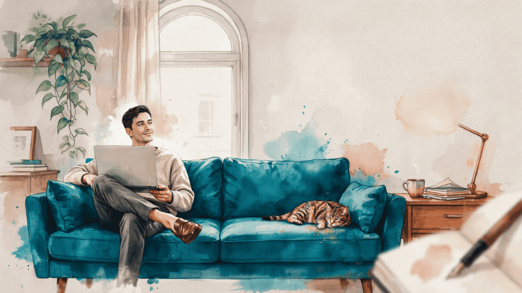 a creative entrepreneur sits on his couch, planning the new campaign he will build on his Kajabi site.