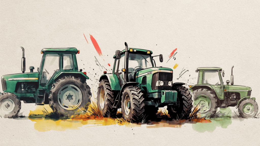 watercolor and ink of three John Deere tractors